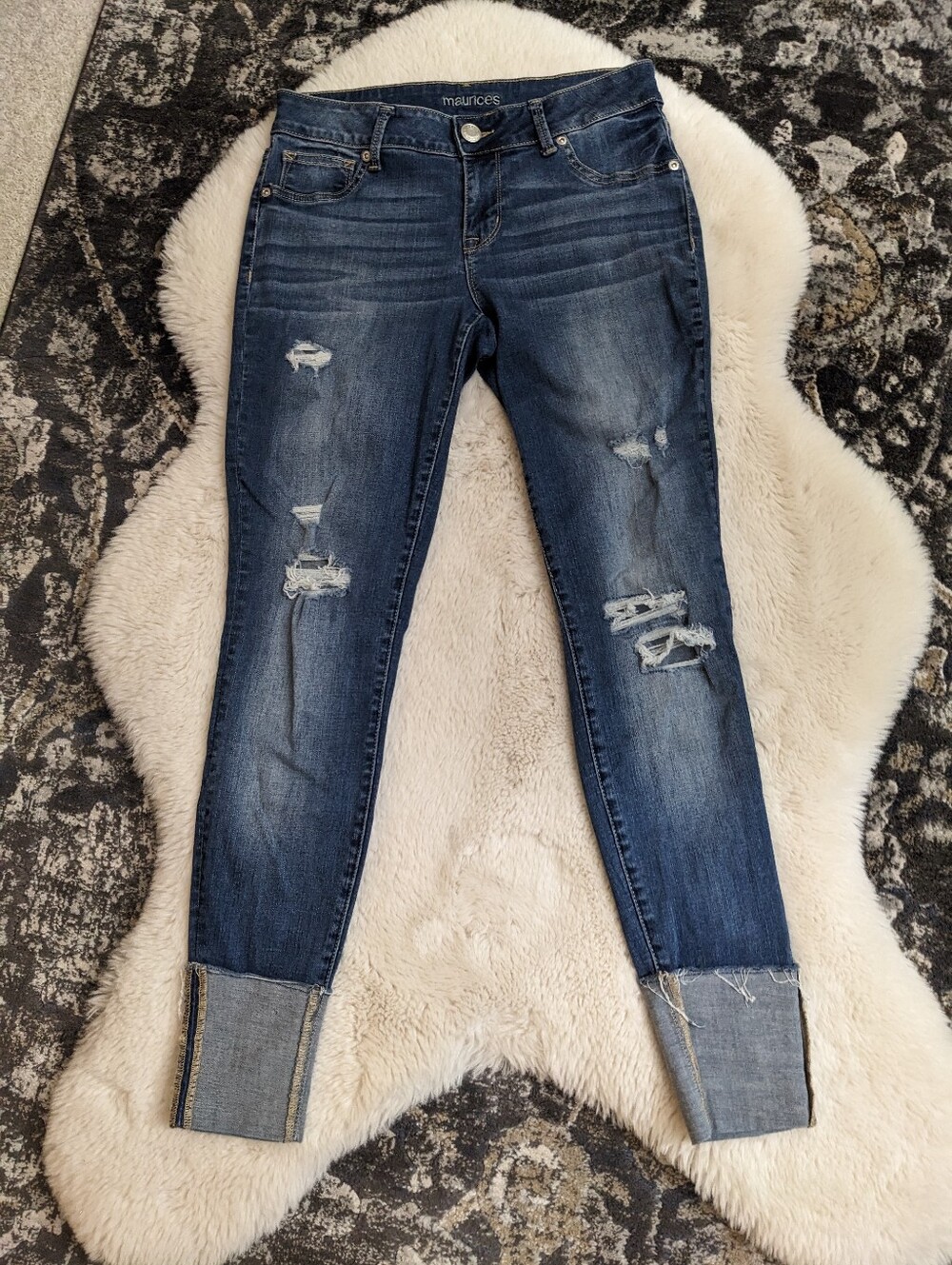 Maurices Distressed Skinny Jeans Cuffed Hem Medium Wash Size Small
